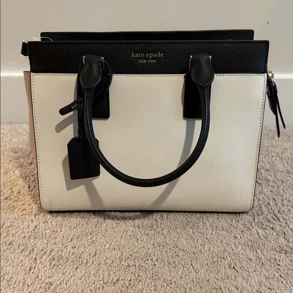 Kate Spade Cameron Medium Satchel Shoulder Tote Bag White Beige Black Leather - Picture 3 of 6